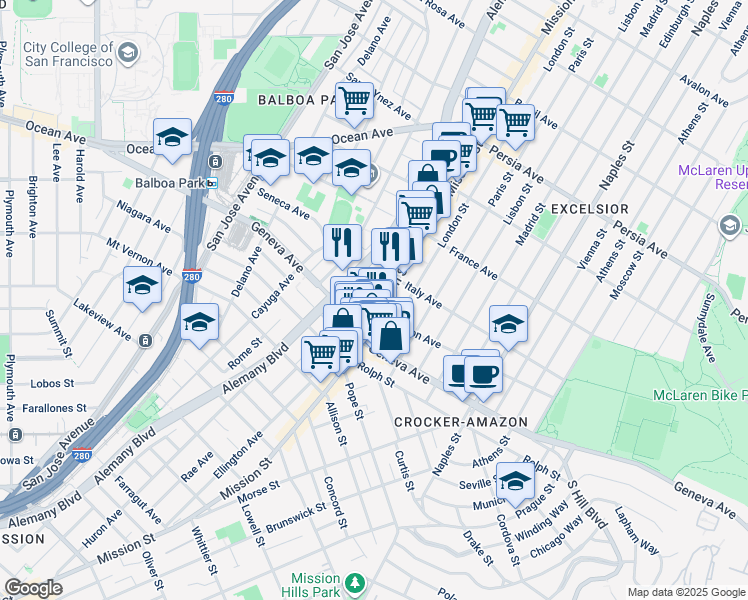 map of restaurants, bars, coffee shops, grocery stores, and more near 33 Seneca Avenue in San Francisco