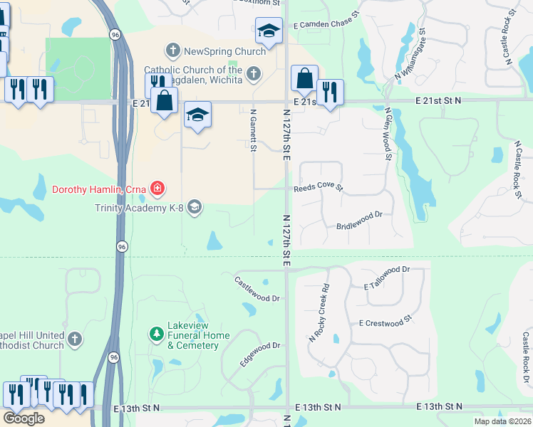 map of restaurants, bars, coffee shops, grocery stores, and more near 1912 N Garnett St in Wichita