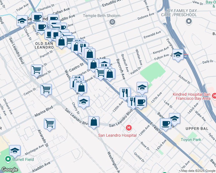 map of restaurants, bars, coffee shops, grocery stores, and more near 2378 Cheshire Place in San Leandro