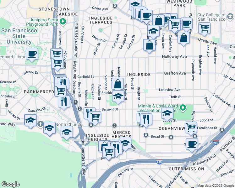 map of restaurants, bars, coffee shops, grocery stores, and more near 409 Shields Street in San Francisco