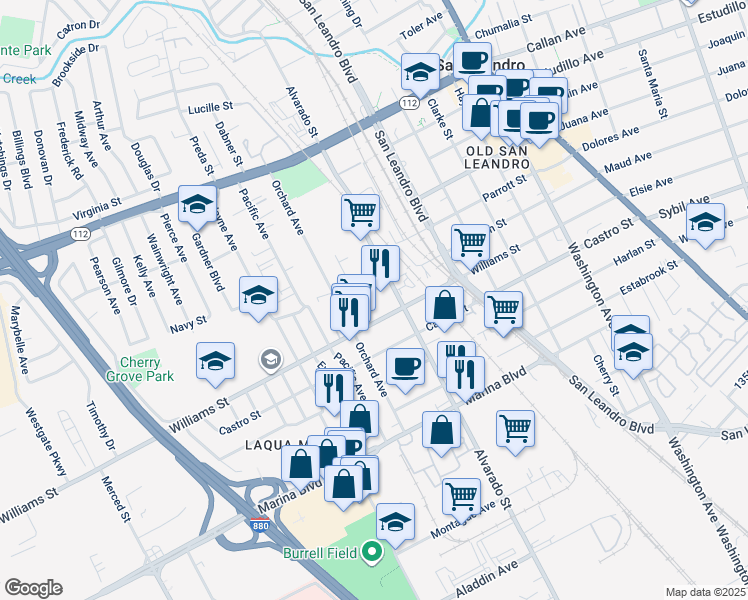 map of restaurants, bars, coffee shops, grocery stores, and more near 857 Thornton Street in San Leandro