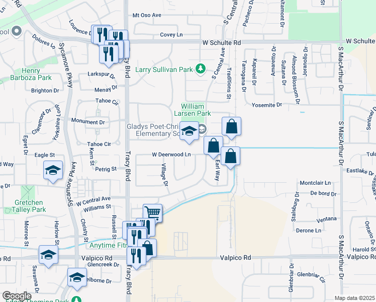 map of restaurants, bars, coffee shops, grocery stores, and more near 161 Deerwood Lane in Tracy