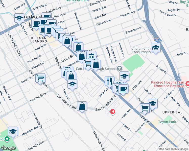 map of restaurants, bars, coffee shops, grocery stores, and more near 2378 Cheshire Place in San Leandro
