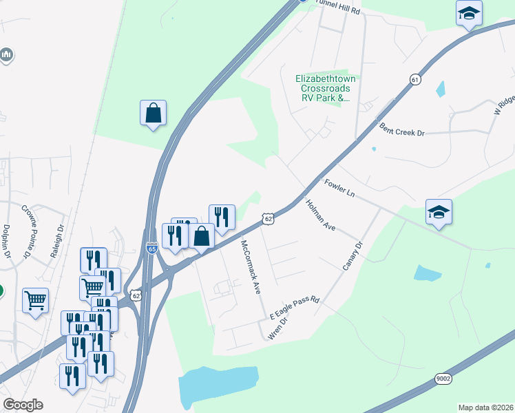map of restaurants, bars, coffee shops, grocery stores, and more near 2640 Bardstown Road in Elizabethtown