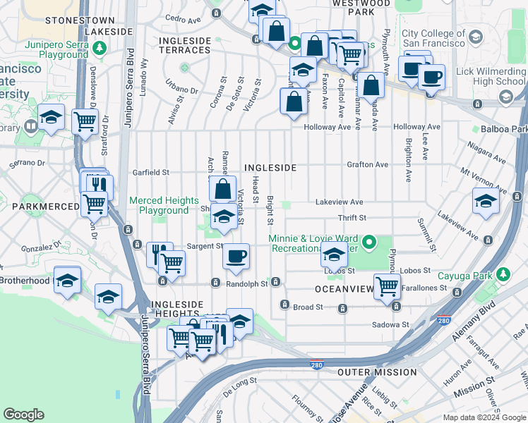 map of restaurants, bars, coffee shops, grocery stores, and more near 121 Shields Street in San Francisco