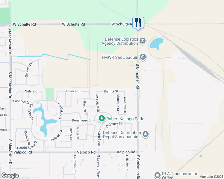 map of restaurants, bars, coffee shops, grocery stores, and more near 1521 Biarritz Street in Tracy