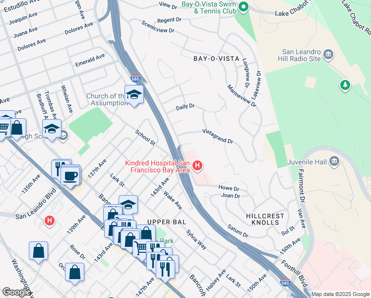 map of restaurants, bars, coffee shops, grocery stores, and more near 2724 Benedict Drive in San Leandro