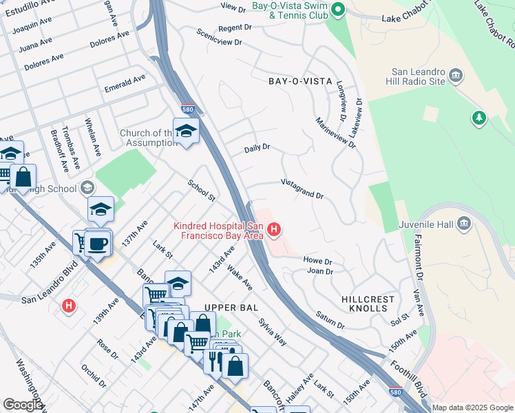 map of restaurants, bars, coffee shops, grocery stores, and more near 2724 Benedict Drive in San Leandro