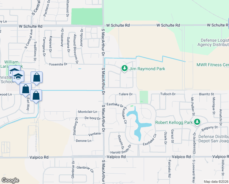 map of restaurants, bars, coffee shops, grocery stores, and more near 1802 Placid Drive in Tracy
