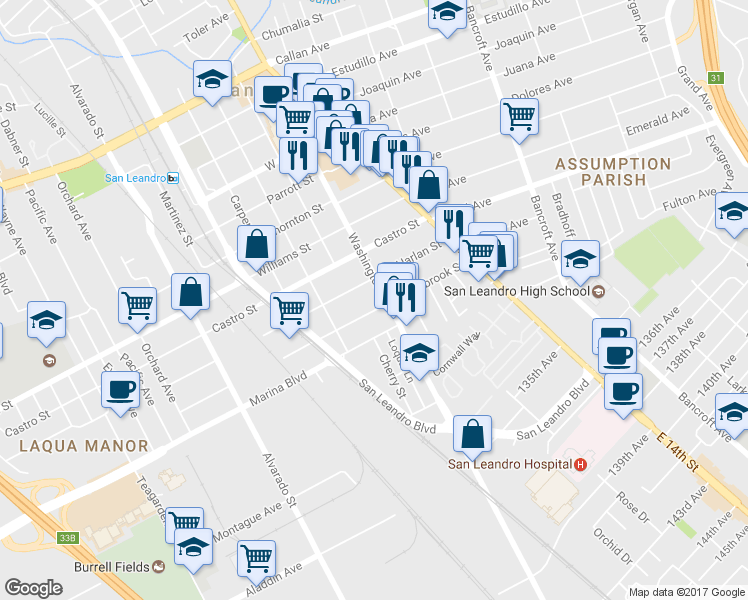 map of restaurants, bars, coffee shops, grocery stores, and more near 250 Estabrook Street in San Leandro