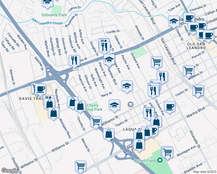 map of restaurants, bars, coffee shops, grocery stores, and more near 1581 Pierce Avenue in San Leandro