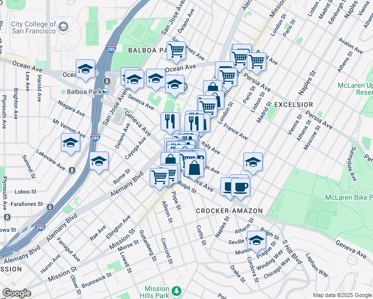 map of restaurants, bars, coffee shops, grocery stores, and more near 5050 Mission Street in San Francisco