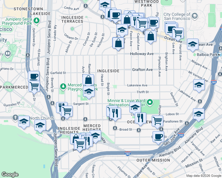 map of restaurants, bars, coffee shops, grocery stores, and more near 471 Orizaba Avenue in San Francisco