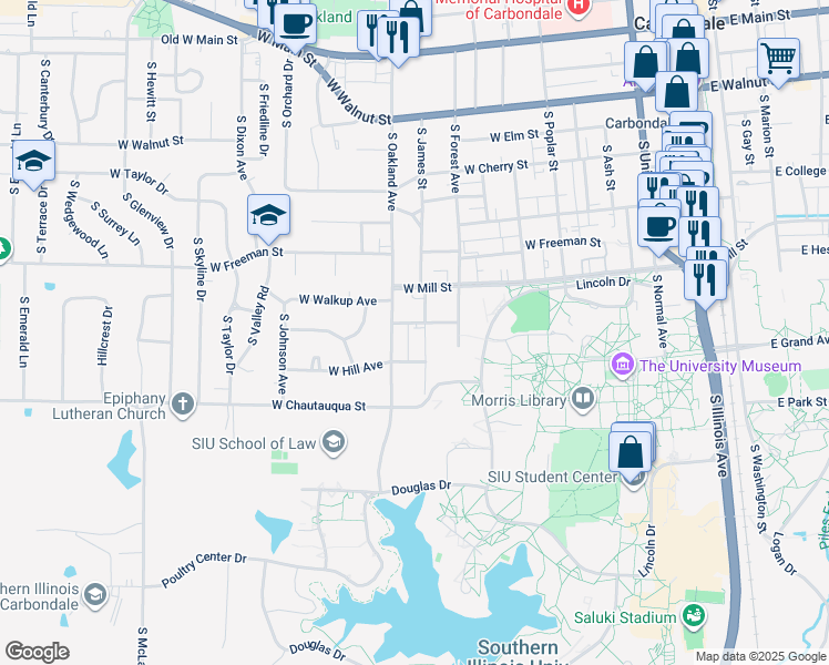 map of restaurants, bars, coffee shops, grocery stores, and more near 909 South Oakland Avenue in Carbondale