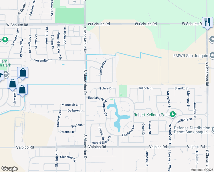 map of restaurants, bars, coffee shops, grocery stores, and more near 801 Tulare Drive in Tracy