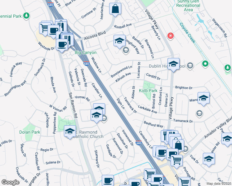 map of restaurants, bars, coffee shops, grocery stores, and more near 8233 Elgin Lane in Dublin