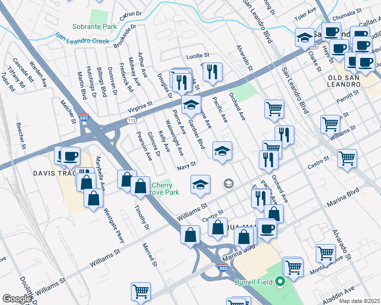map of restaurants, bars, coffee shops, grocery stores, and more near 1581 Pierce Avenue in San Leandro