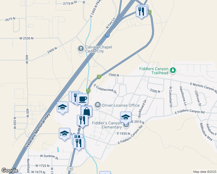 map of restaurants, bars, coffee shops, grocery stores, and more near 294 East Cobblecreek Drive in Cedar City