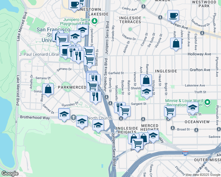 map of restaurants, bars, coffee shops, grocery stores, and more near Shields St & Beverly St in San Francisco