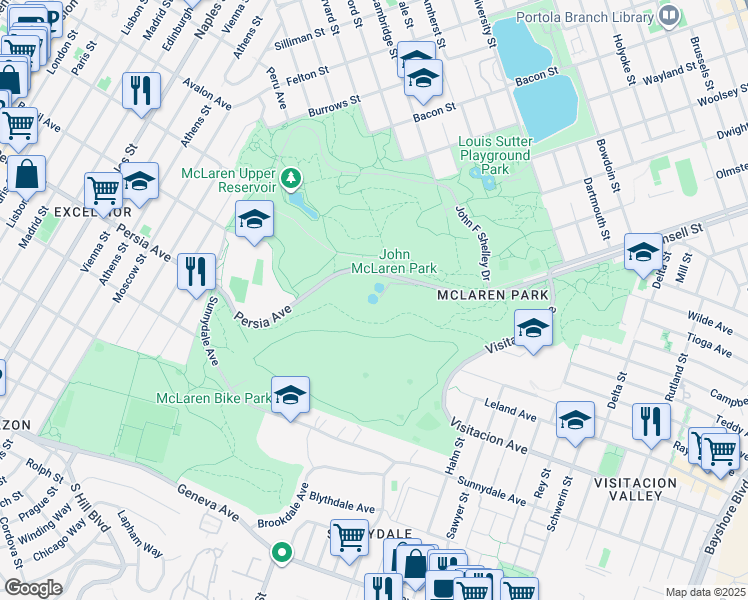map of restaurants, bars, coffee shops, grocery stores, and more near 61 John F Shelley Drive in San Francisco