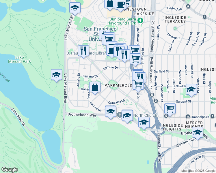 map of restaurants, bars, coffee shops, grocery stores, and more near 4 Bucareli Drive in San Francisco