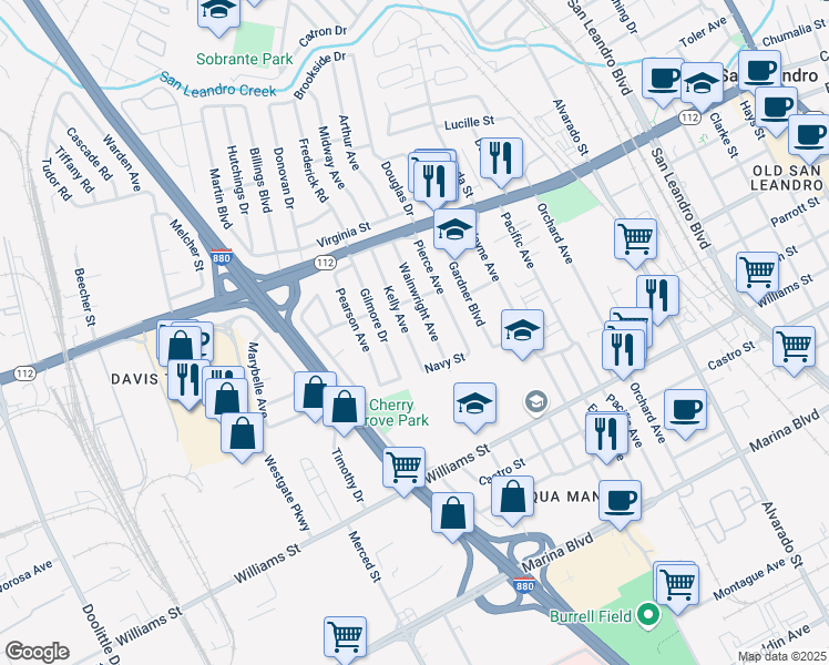 map of restaurants, bars, coffee shops, grocery stores, and more near 1536 Kelly Avenue in San Leandro