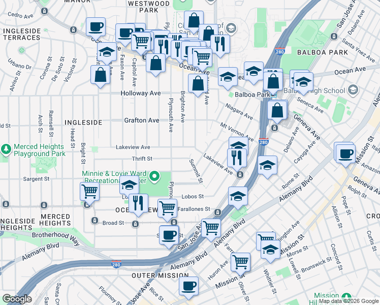 map of restaurants, bars, coffee shops, grocery stores, and more near 134 Josiah Avenue in San Francisco
