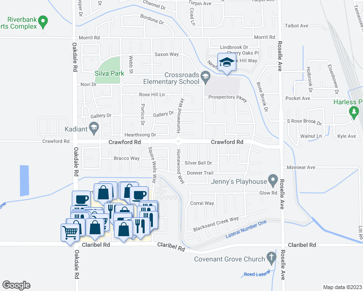 map of restaurants, bars, coffee shops, grocery stores, and more near 5456 Homewood Way in Riverbank