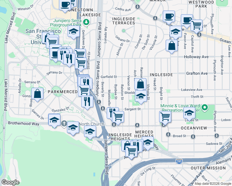 map of restaurants, bars, coffee shops, grocery stores, and more near Shields Street & Byxbee Street in San Francisco