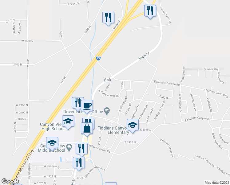 map of restaurants, bars, coffee shops, grocery stores, and more near 294 East Cobblecreek Drive in Cedar City