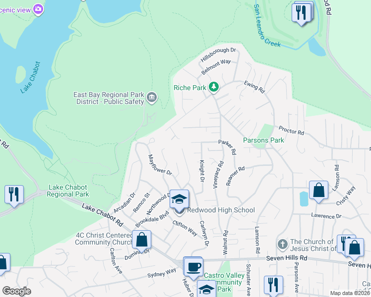 map of restaurants, bars, coffee shops, grocery stores, and more near 3878 Brookdale Boulevard in Castro Valley