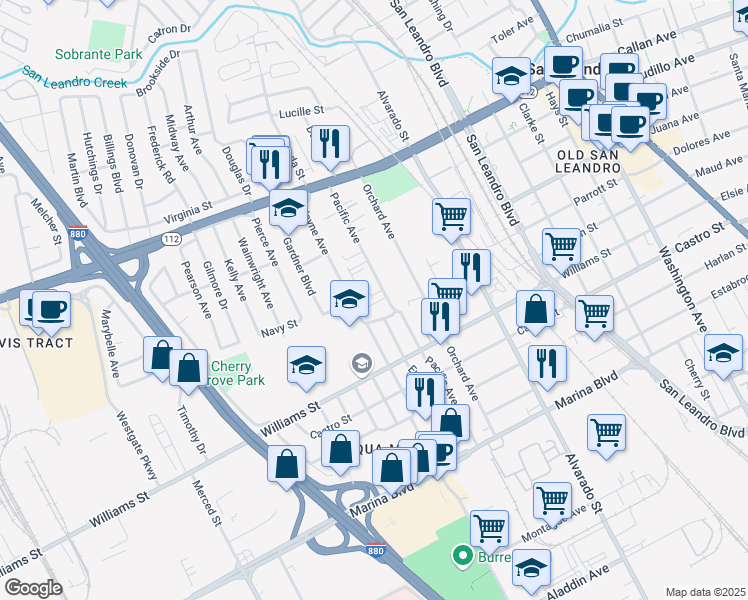 map of restaurants, bars, coffee shops, grocery stores, and more near 1644 Wayne Avenue in San Leandro