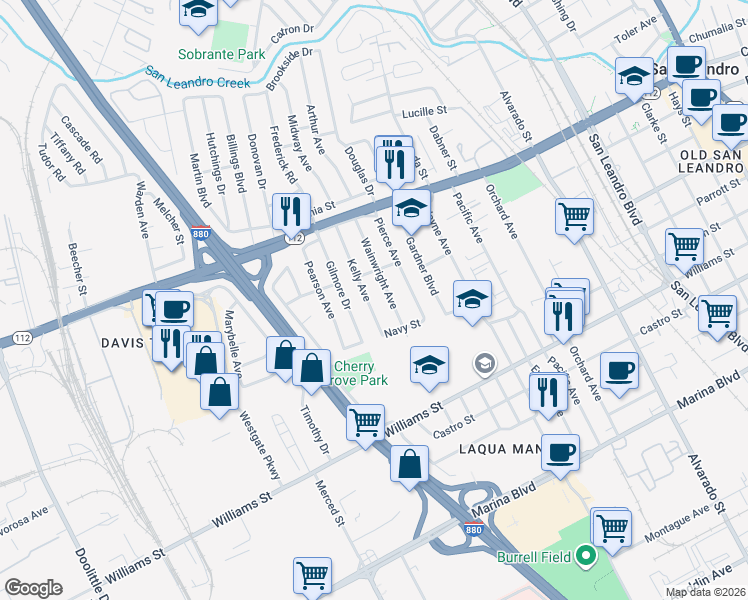 map of restaurants, bars, coffee shops, grocery stores, and more near 1536 Kelly Avenue in San Leandro