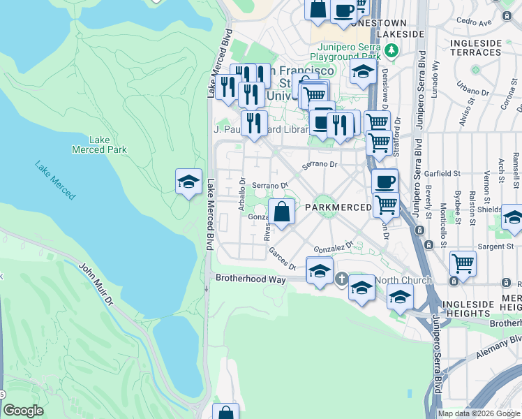 map of restaurants, bars, coffee shops, grocery stores, and more near 823-829 Gonzalez Drive in San Francisco