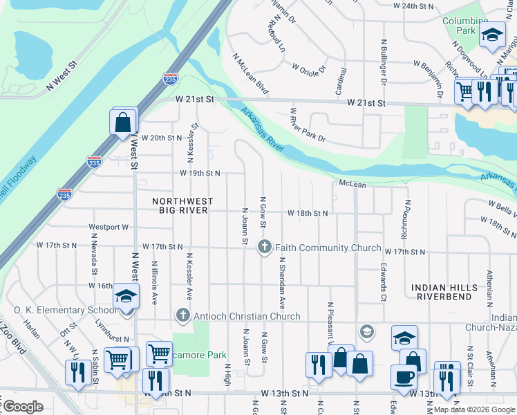 map of restaurants, bars, coffee shops, grocery stores, and more near 3305 West 18th Street North in Wichita