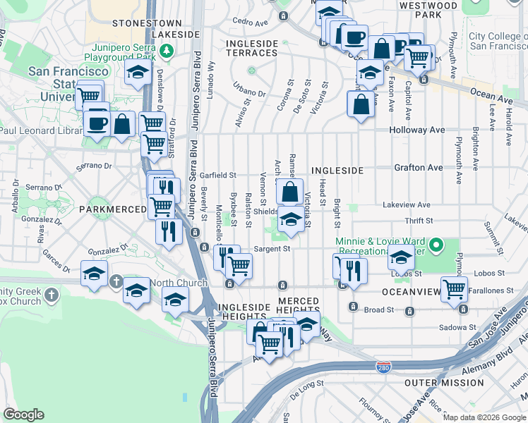 map of restaurants, bars, coffee shops, grocery stores, and more near Vernon Street in San Francisco