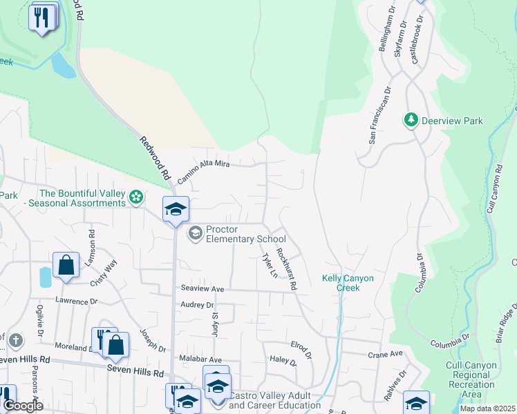 map of restaurants, bars, coffee shops, grocery stores, and more near 5272 Proctor Road in Castro Valley