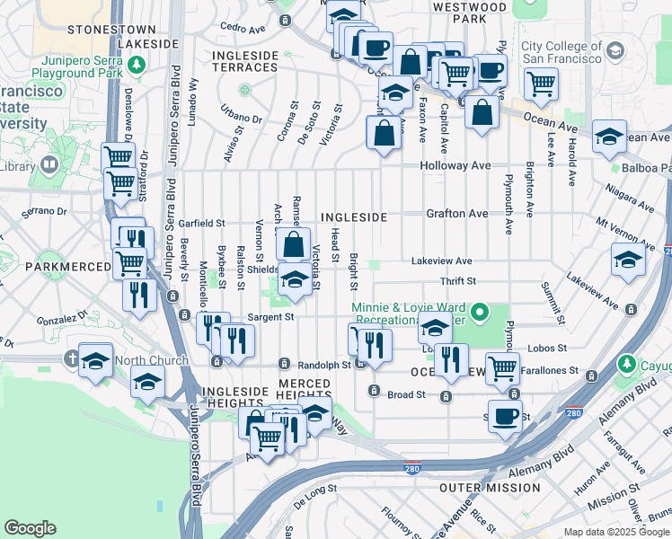 map of restaurants, bars, coffee shops, grocery stores, and more near Head Street & Shields Street in San Francisco