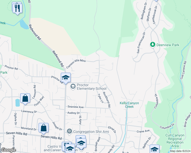 map of restaurants, bars, coffee shops, grocery stores, and more near 5272 Proctor Road in Castro Valley
