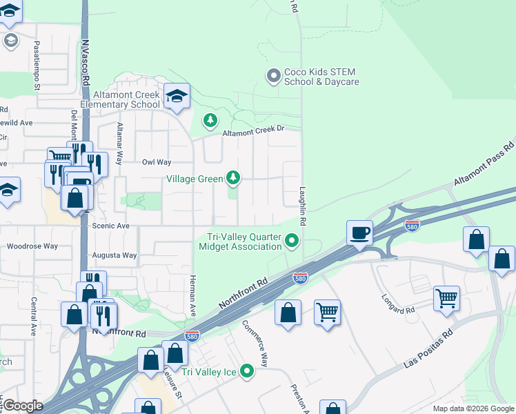map of restaurants, bars, coffee shops, grocery stores, and more near 1205 Winding Stream Court in Livermore