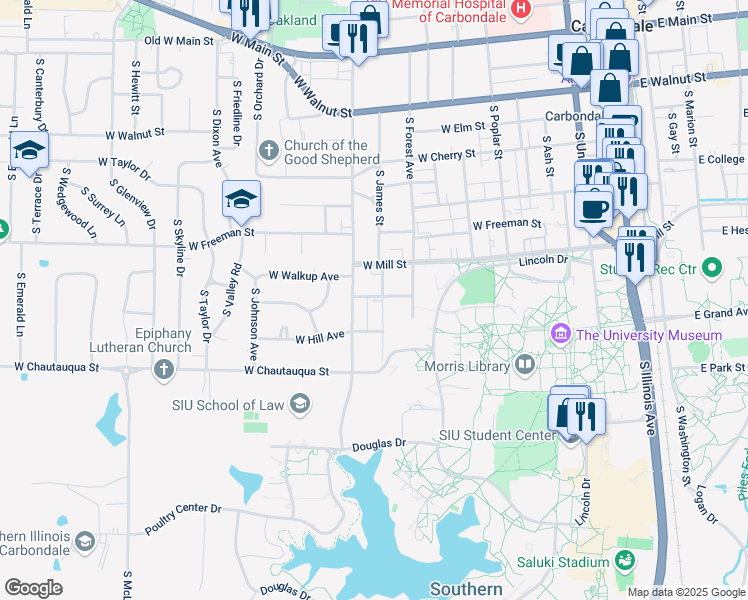 map of restaurants, bars, coffee shops, grocery stores, and more near 900 South Elizabeth Street in Carbondale