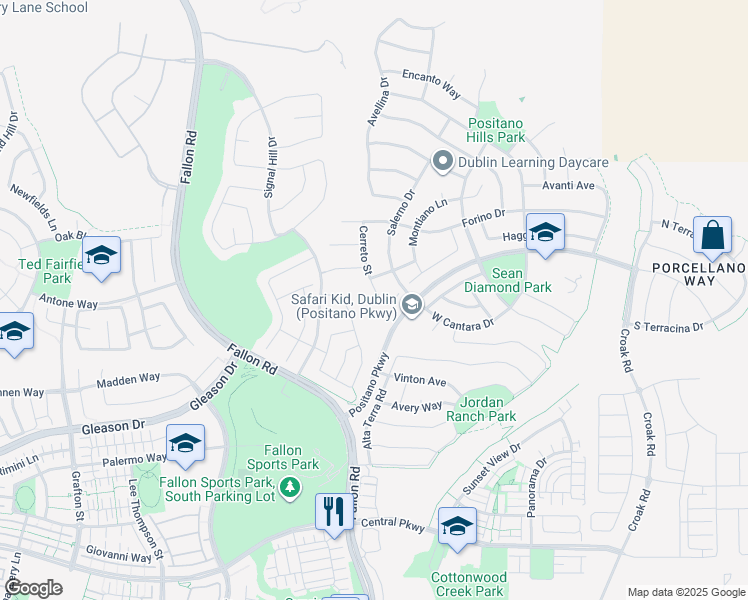 map of restaurants, bars, coffee shops, grocery stores, and more near 4980 Cerreto Street in Pleasanton