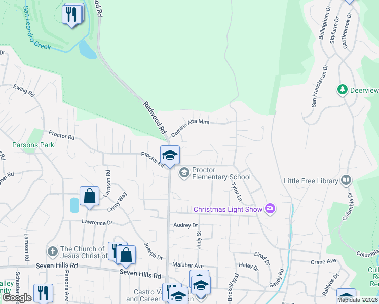 map of restaurants, bars, coffee shops, grocery stores, and more near 5031 Foxboro Drive in Castro Valley