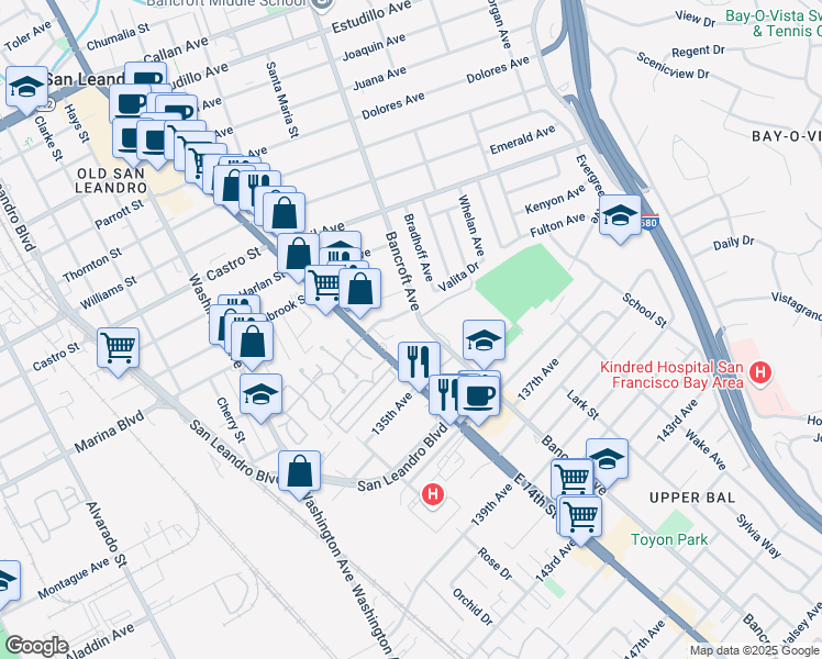 map of restaurants, bars, coffee shops, grocery stores, and more near 2396 East 14th Street in San Leandro