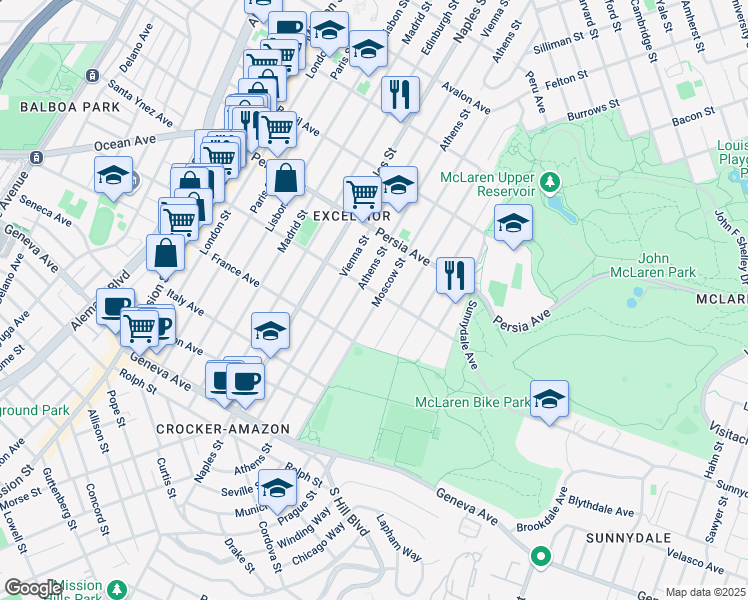 map of restaurants, bars, coffee shops, grocery stores, and more near 619 Moscow Street in San Francisco