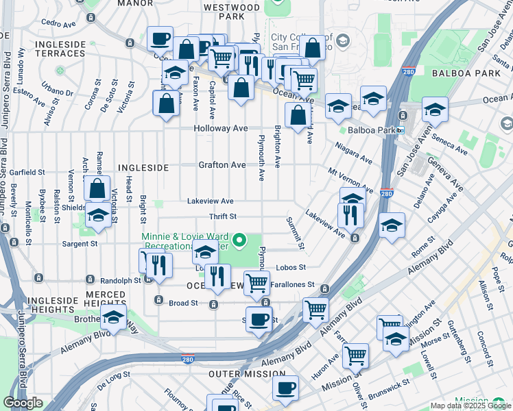 map of restaurants, bars, coffee shops, grocery stores, and more near 124 Thrift Street in San Francisco
