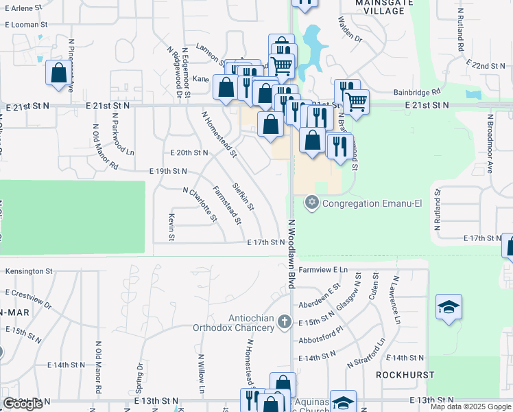 map of restaurants, bars, coffee shops, grocery stores, and more near 1826 Siefkin Street in Wichita