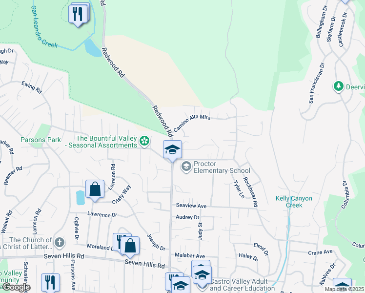 map of restaurants, bars, coffee shops, grocery stores, and more near 5010 Foxboro Drive in Castro Valley