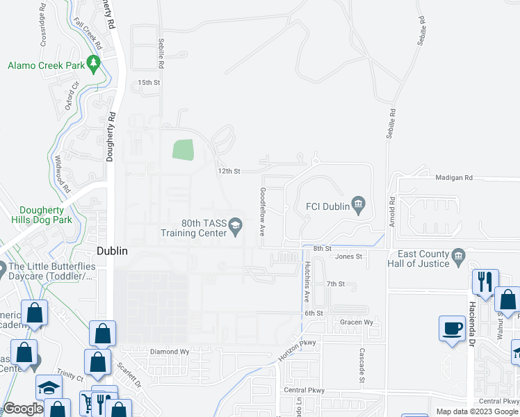 map of restaurants, bars, coffee shops, grocery stores, and more near 6680 Goodfellow Avenue in Dublin