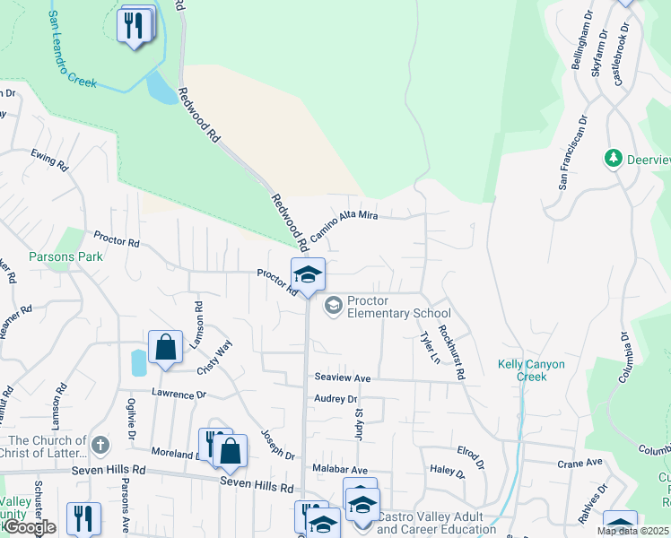 map of restaurants, bars, coffee shops, grocery stores, and more near 5009 Foxboro Drive in Castro Valley